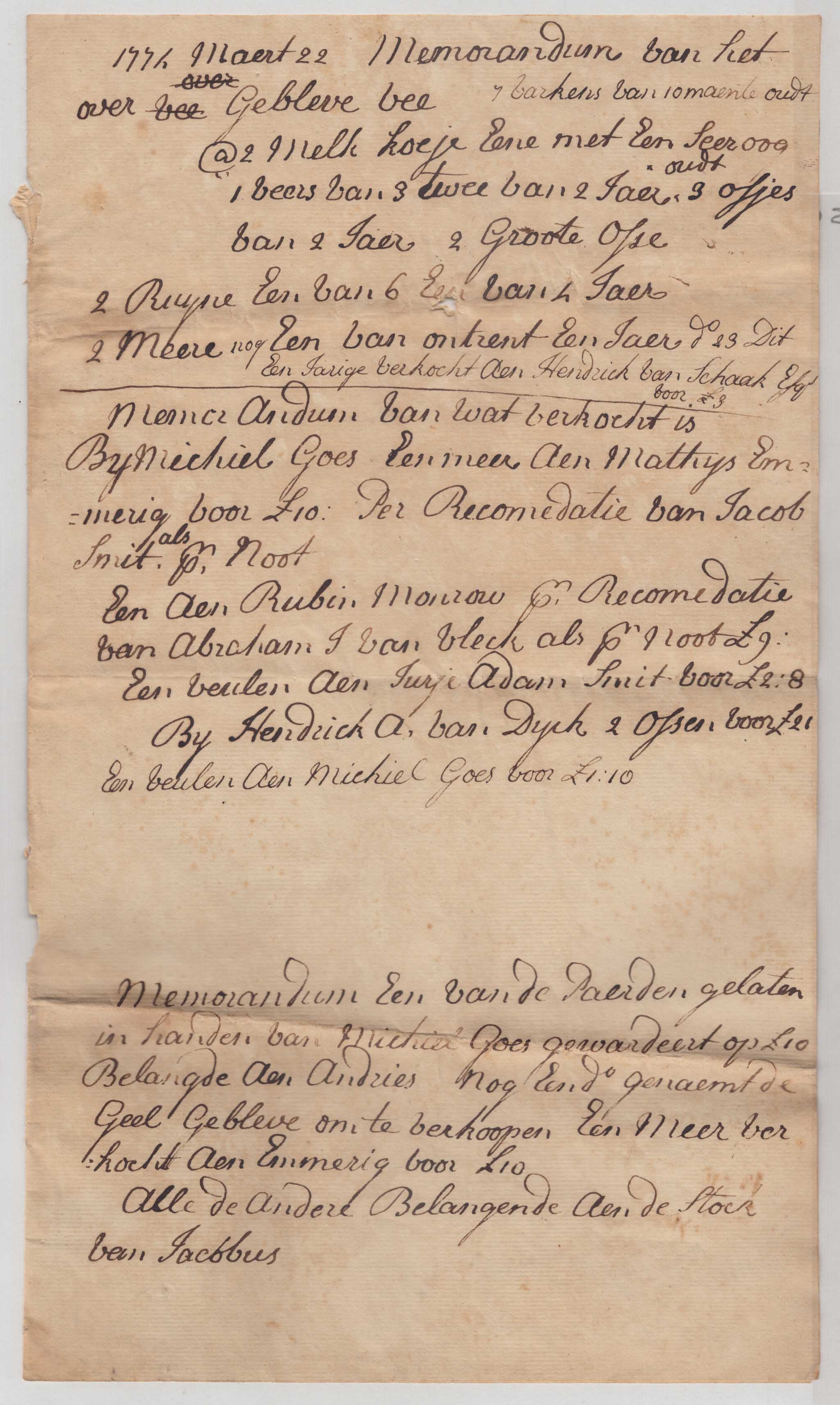 BH102, 1774-03-22 Memorandum, Farm Inventory and Transactions, Elizabeth Huyck Transferring Farm Management to Michael Goes